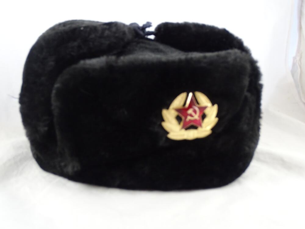 Vintage Soviet Russian Ushanka Trooper Hat Faux Fur Black Winter Trapper Hat